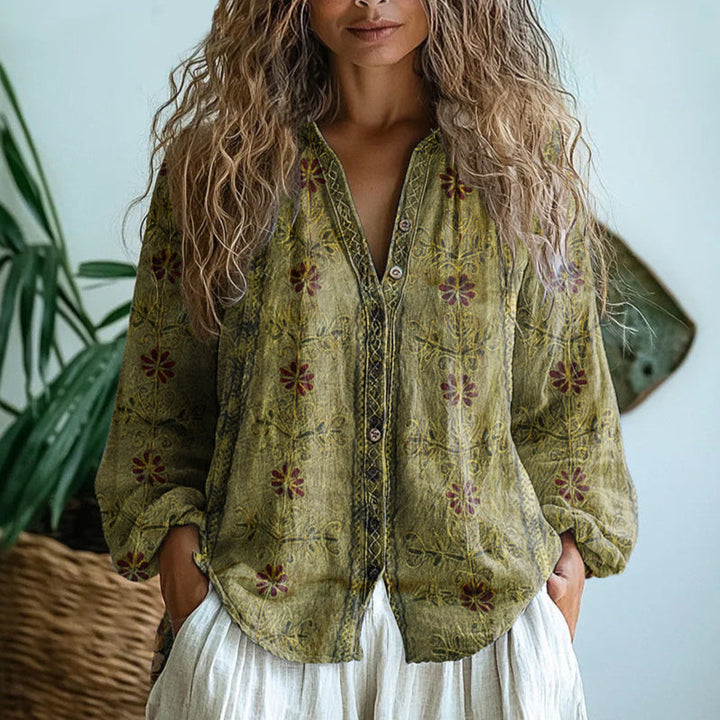 Relaxed Blouse with Nature Print and Short Sleeves