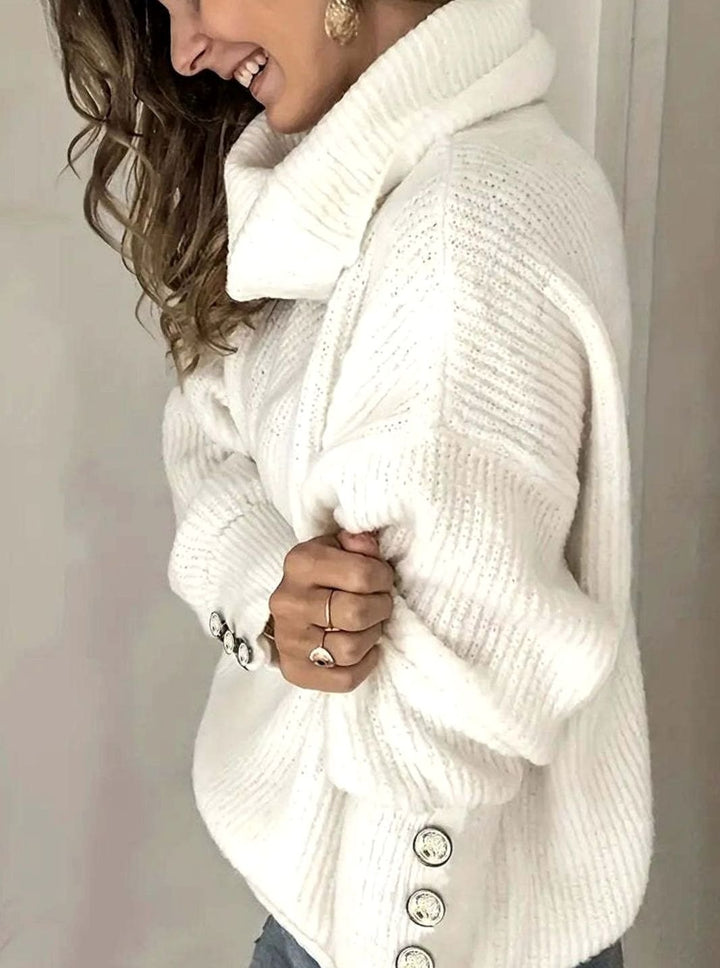 Warm Turtleneck Knit Sweater with Button Cuffs for Women