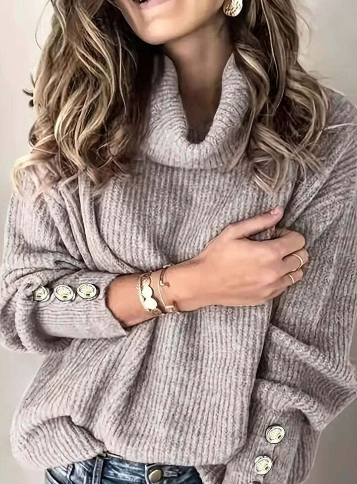 Warm Turtleneck Knit Sweater with Button Cuffs for Women