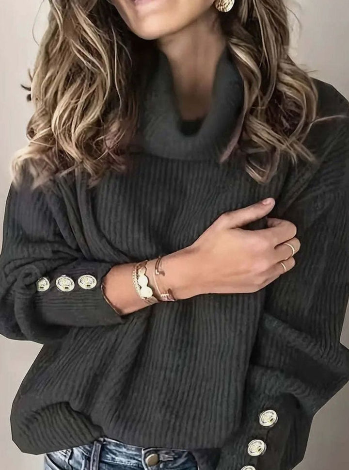 Warm Turtleneck Knit Sweater with Button Cuffs for Women
