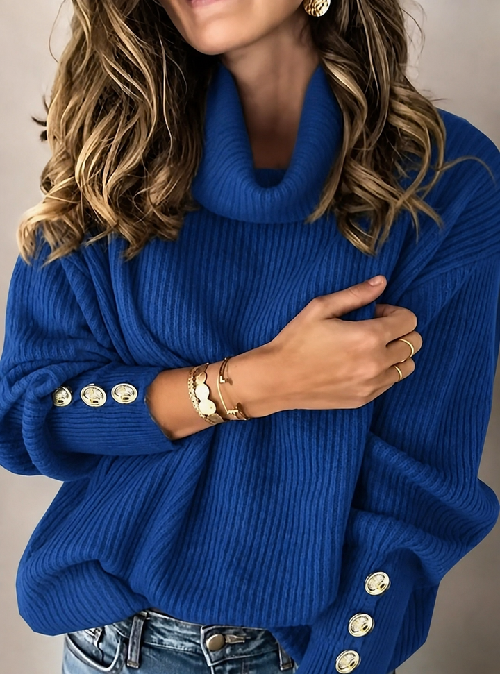 Warm Turtleneck Knit Sweater with Button Cuffs for Women