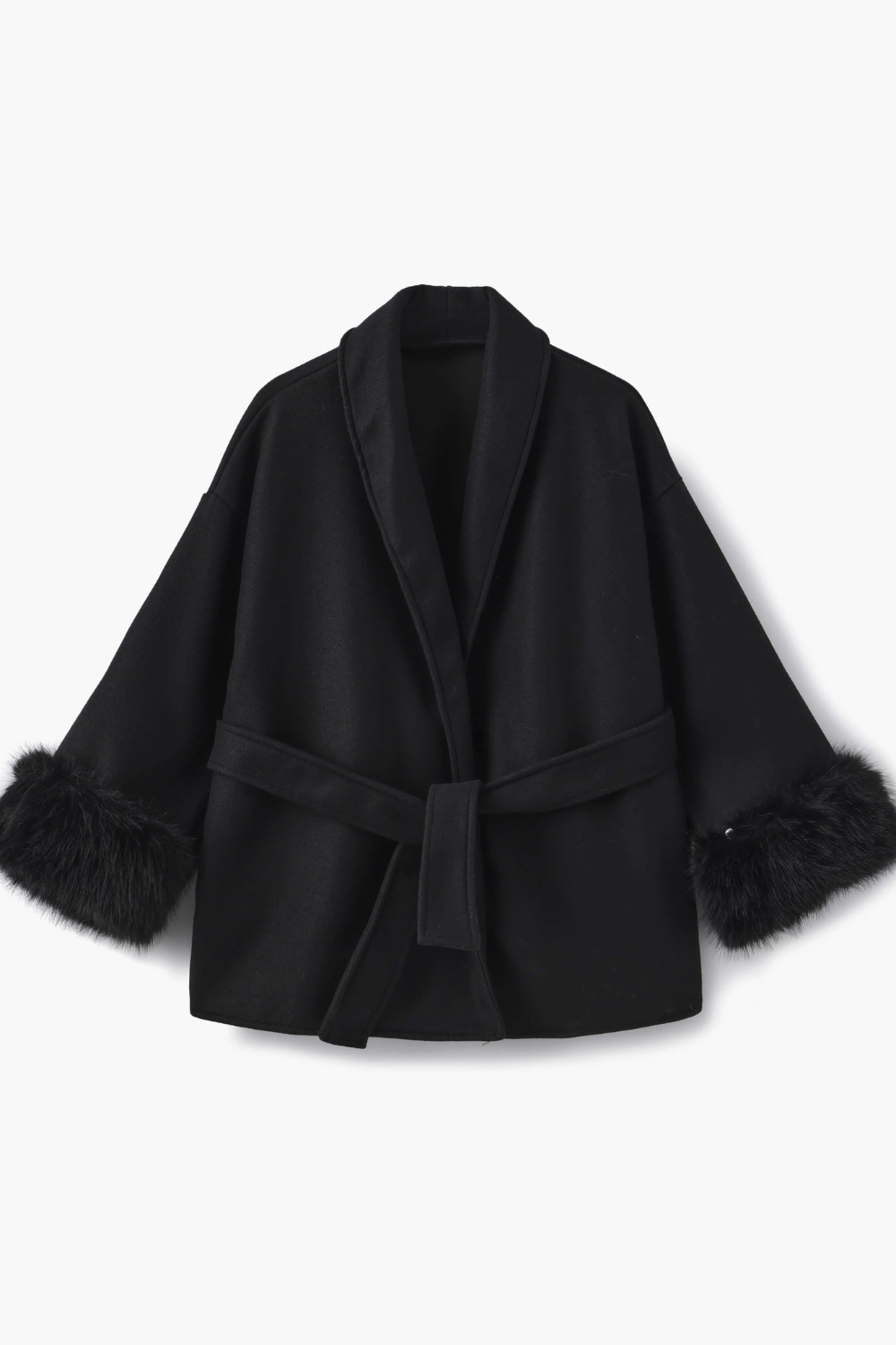Black coat with fur trim on a white background