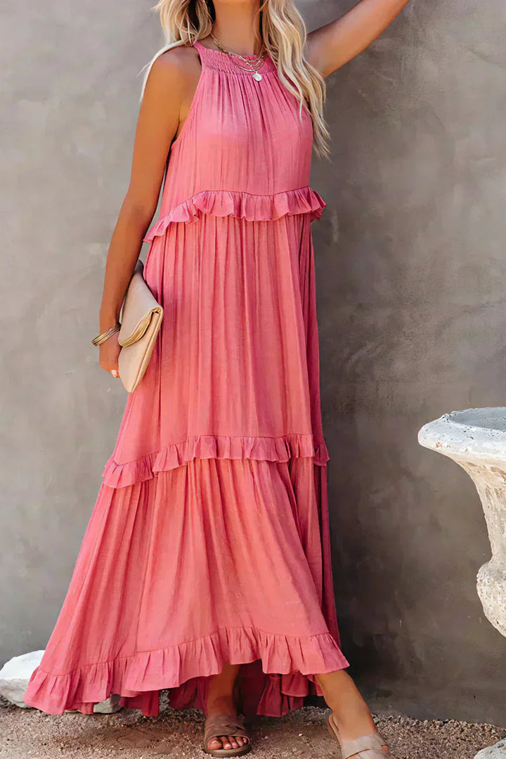 Elegant Sleeveless Dress with Ruffles in Beige