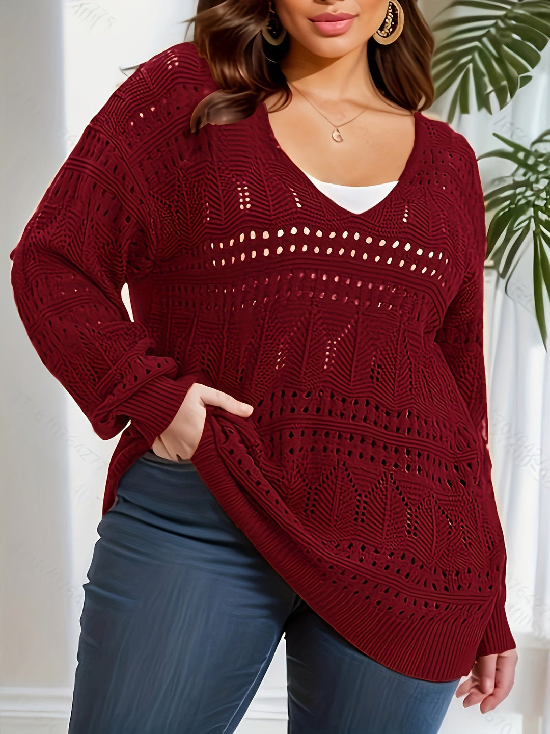 Semi Sheer Knit Plus Size Top with V Neck for Spring and Fall