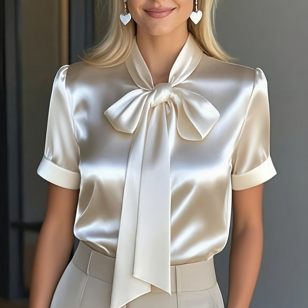 Bow Collar Satin Top with Long Sleeves for Women