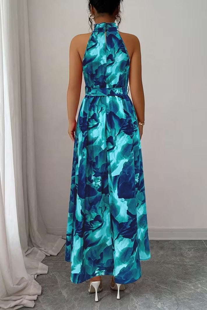Printed Maxi Dress with Side Split and V Neck