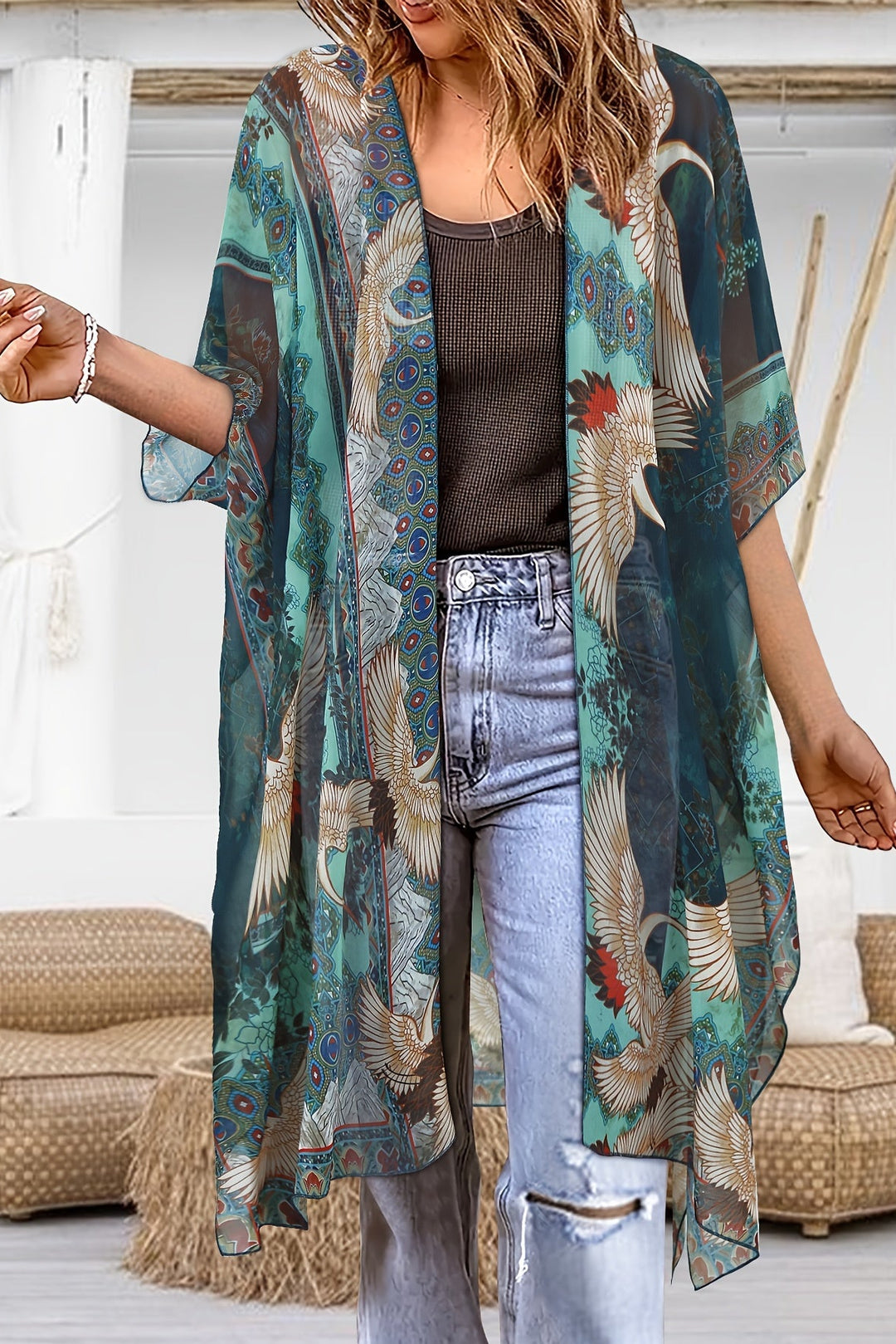 Plus Size Kimono Cardigan with Open Front and Side Slits for Women
