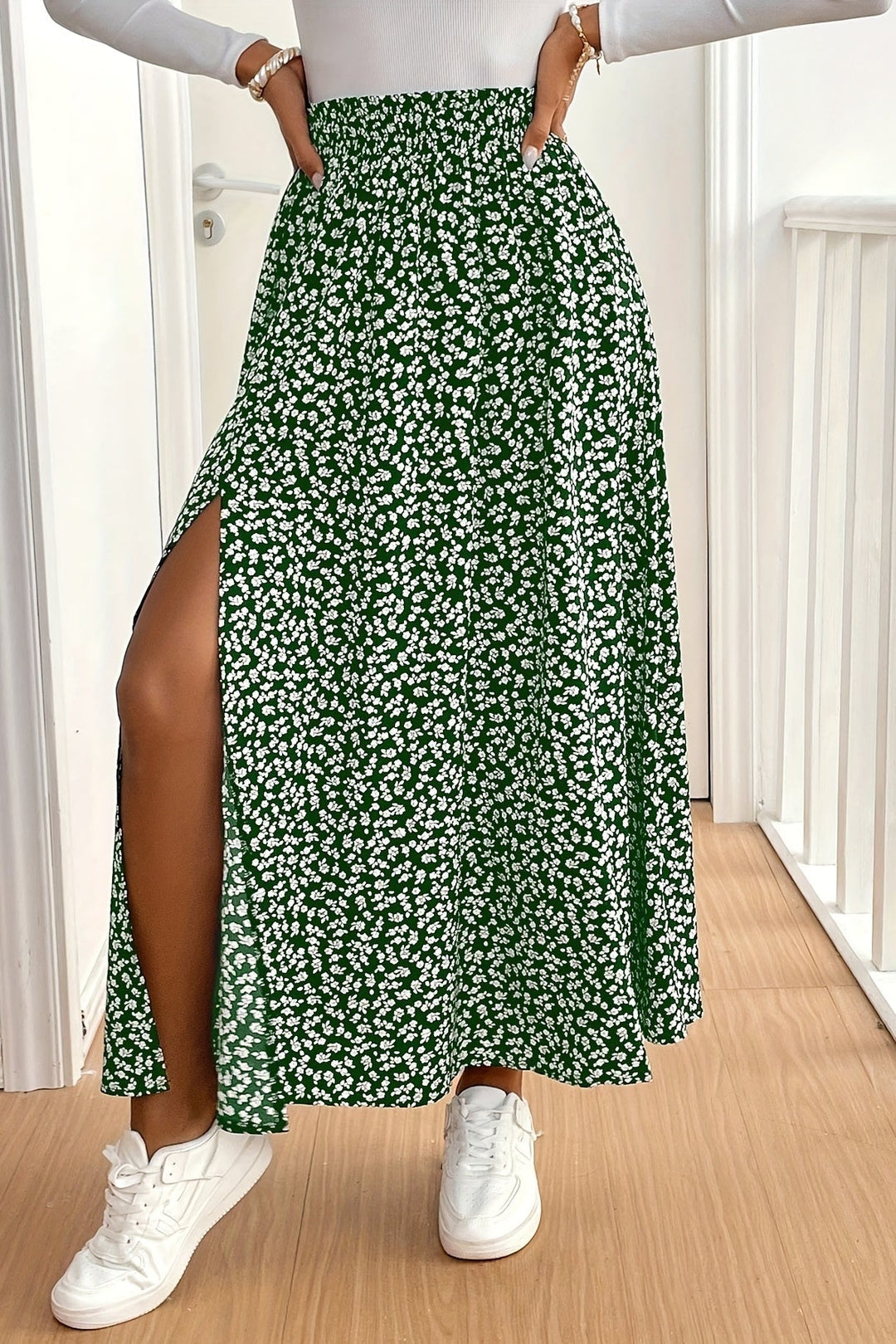 Floral Maxi Skirt with Side Slit and Flowy Print for Women
