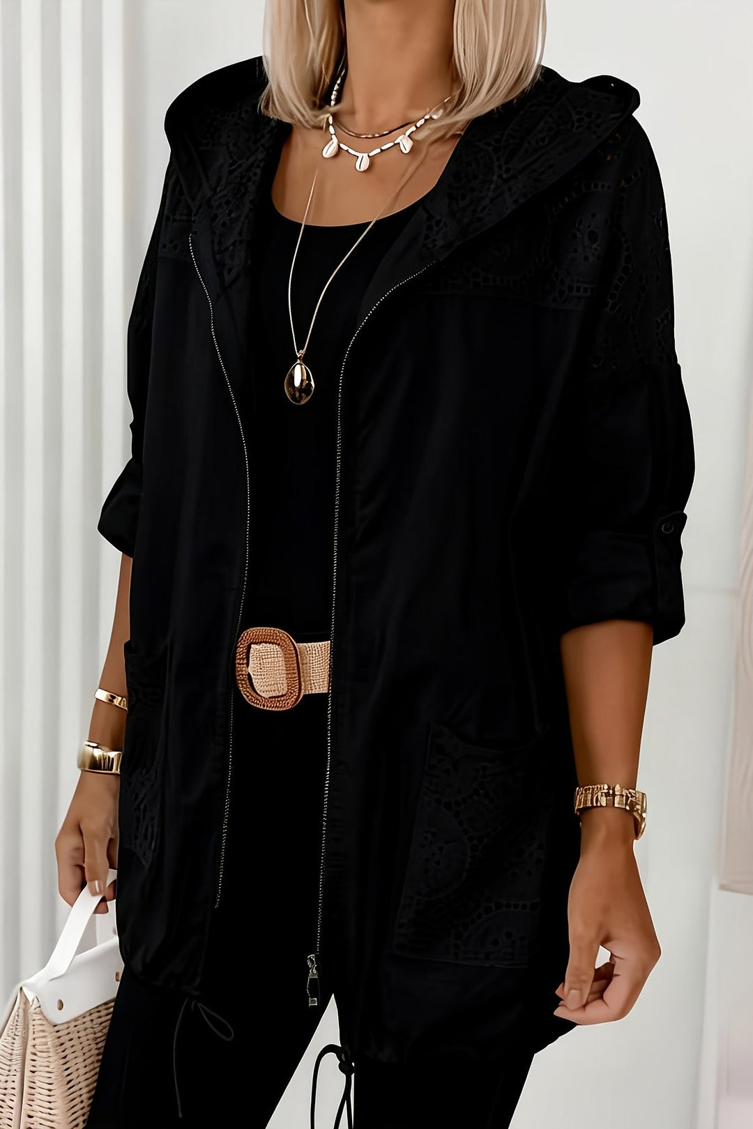 Hooded Plus Size Jacket with Lace Patchwork and Drawstring for Spring Fall