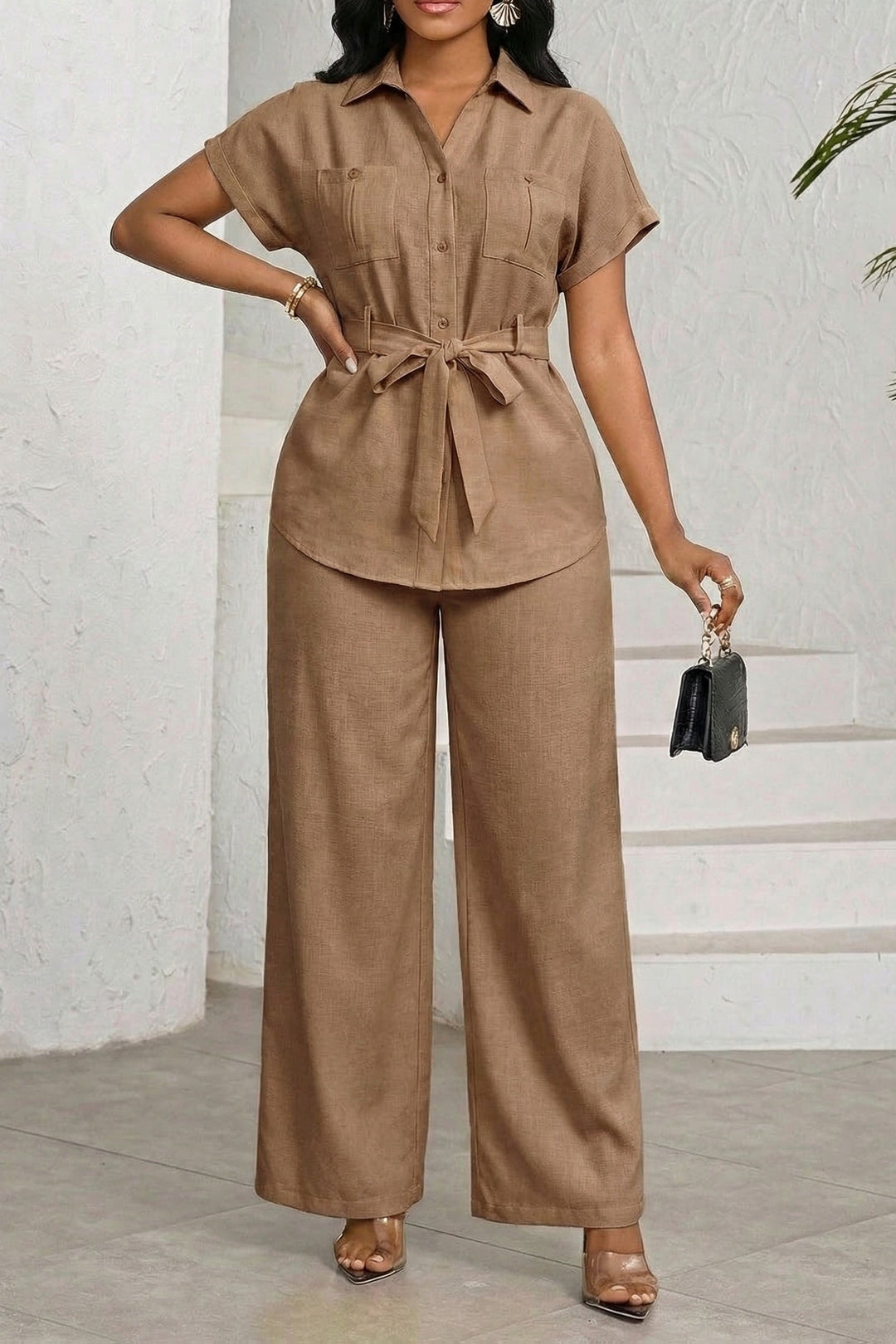 Button Front Shirt and Wide Leg Pants Set for Women