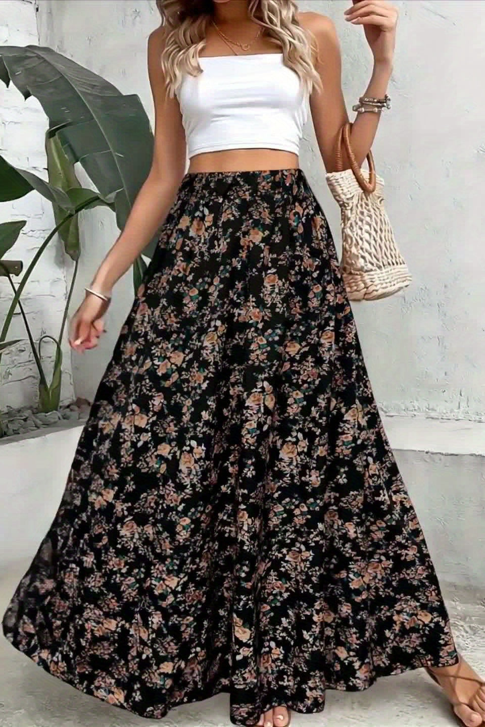 Floral Print Plus Size Flared Skirt with Stretch Waist for Everyday Wear