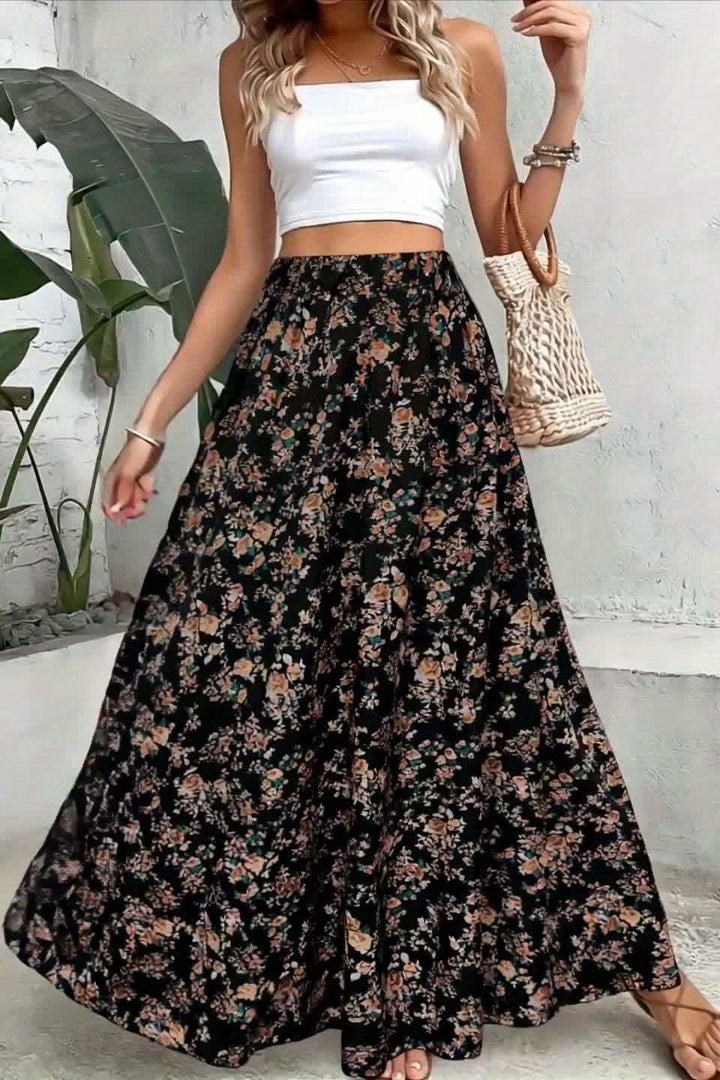 Floral Print Plus Size Flared Skirt with Stretch Waist for Everyday Wear