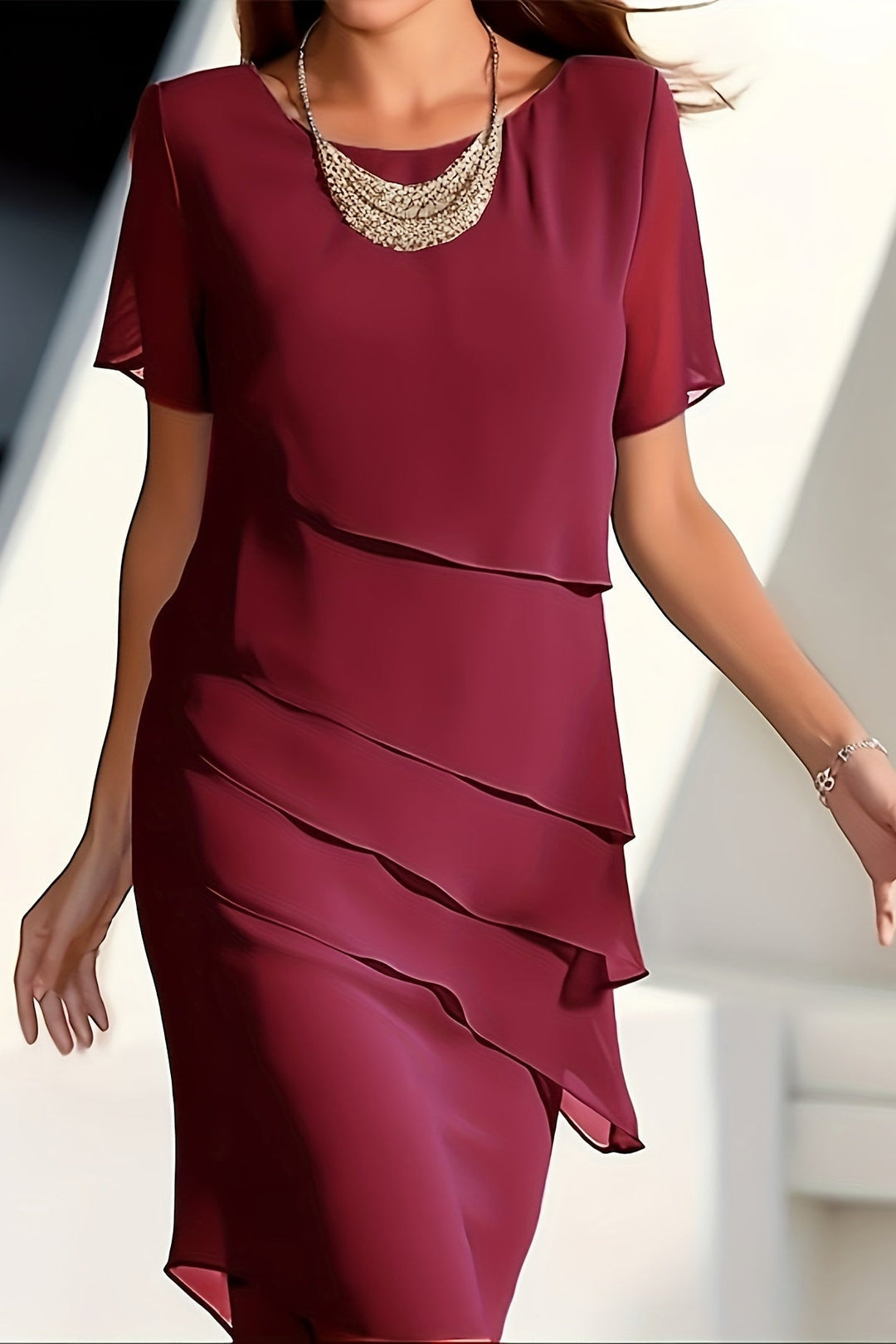 Chiffon Midi Dress with Layered Design and Short Sleeves for Work