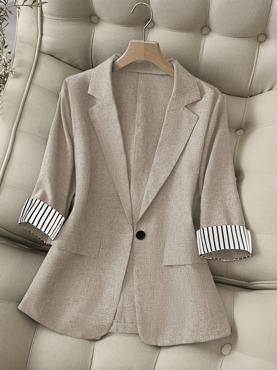 Patchwork Lapel Blazer with Single Button and Three Quarter Sleeves for Women