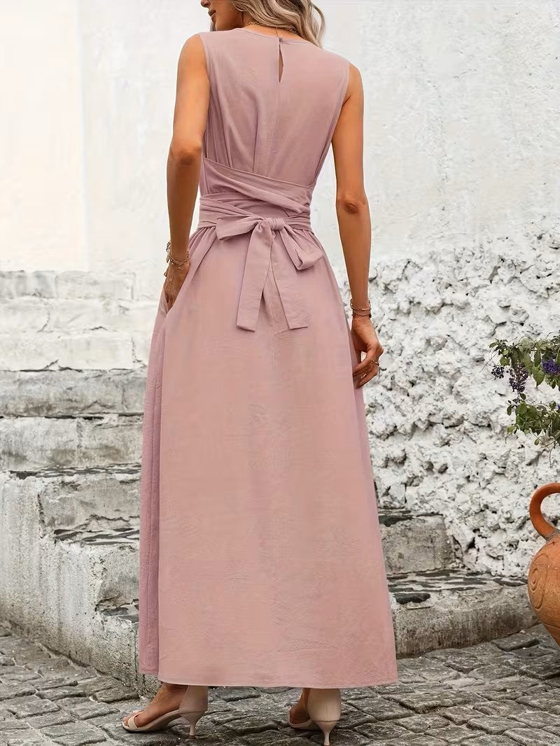 Tie Back Midi Dress with Sleeveless Cut and Pockets for Women