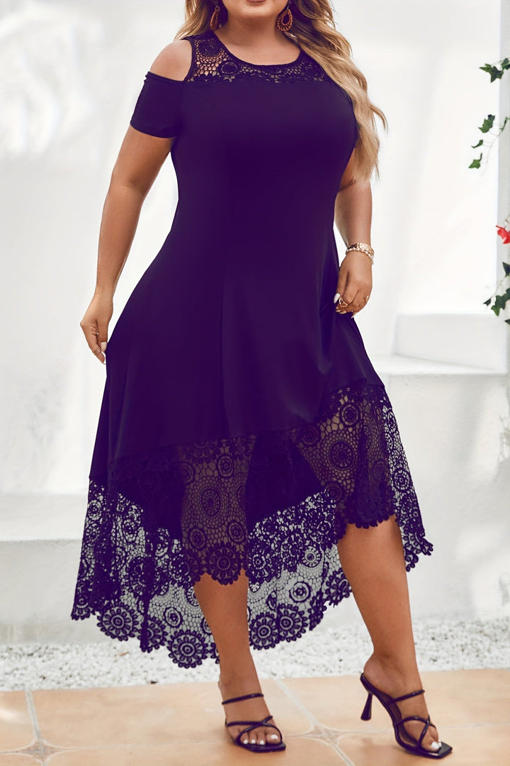 Plus Size Off Shoulder Dress with Lace Panel and Asymmetrical Hem