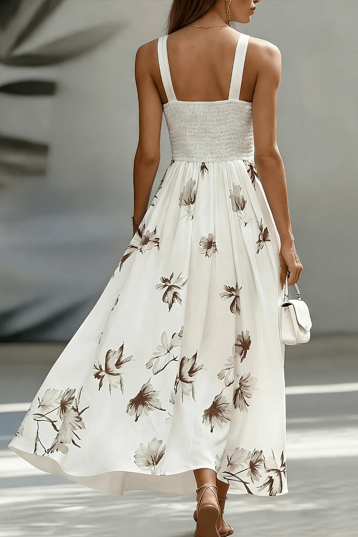 Shirred Midi Dress with V Neck and Cinched Waist