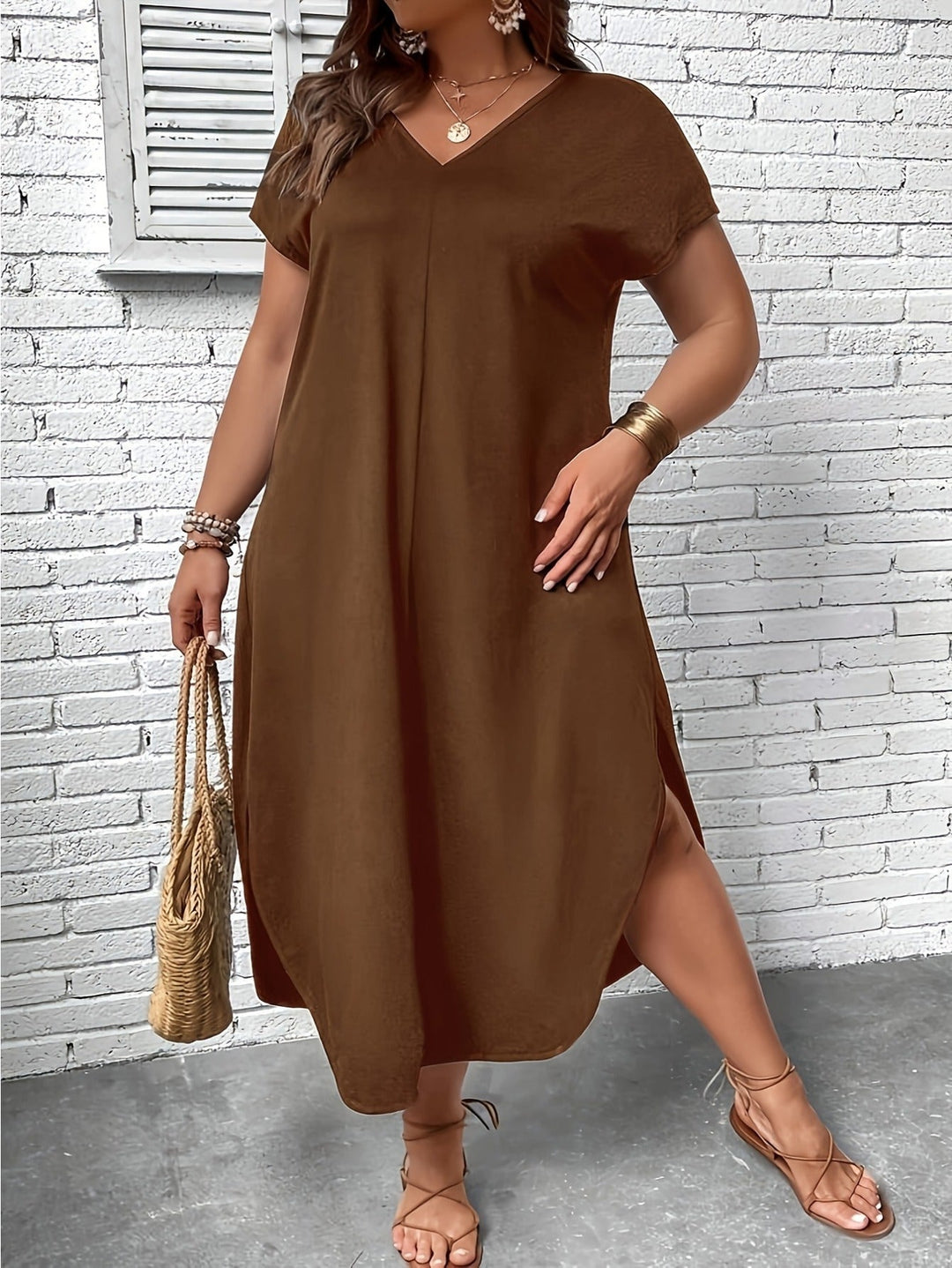 V Neck Plus Size Midi Dress with Short Sleeves for Casual Summer