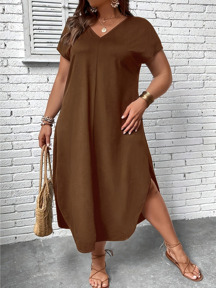 V Neck Plus Size Midi Dress with Short Sleeves for Casual Summer