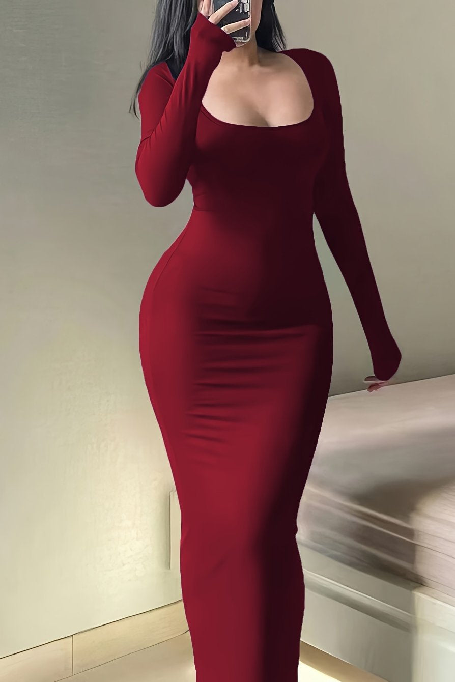 Square Neck Maxi Dress with Long Sleeves and Bodycon Fit