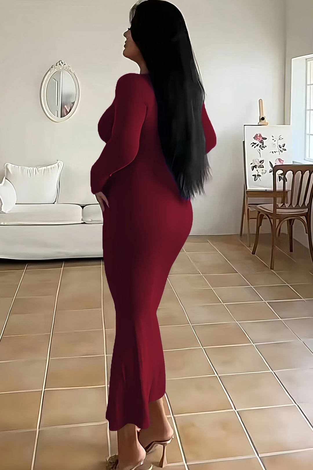 Square Neck Maxi Dress with Long Sleeves and Bodycon Fit