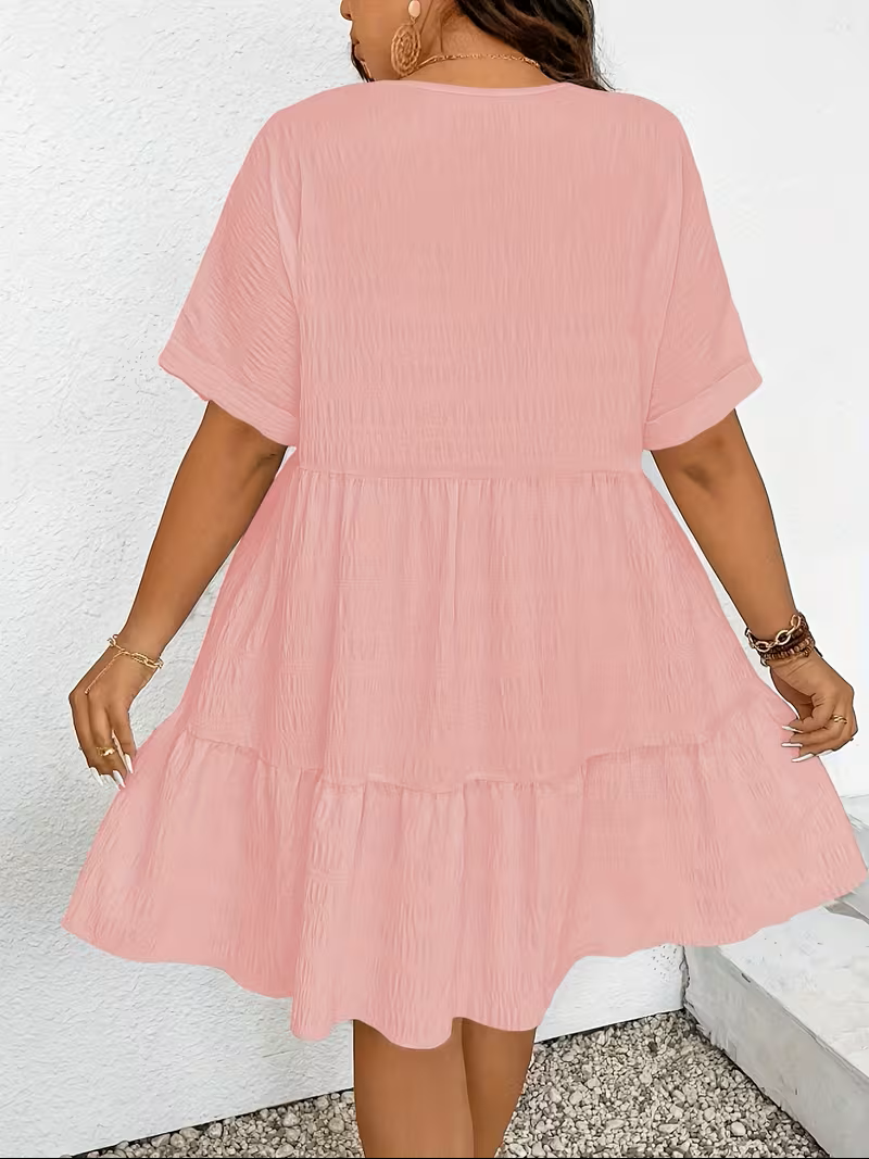 Batwing Sleeve Plus Size Babydoll Midi Dress with V Neck for Summer