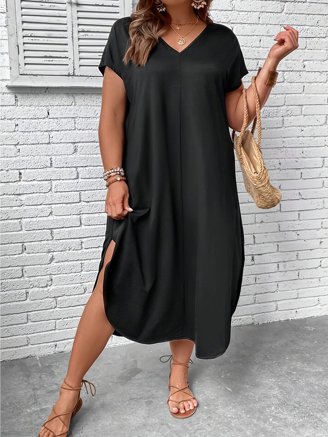 V Neck Plus Size Midi Dress with Short Sleeves for Casual Summer
