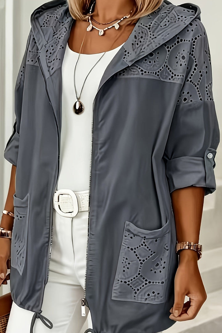 Hooded Plus Size Jacket with Lace Patchwork and Drawstring for Spring Fall