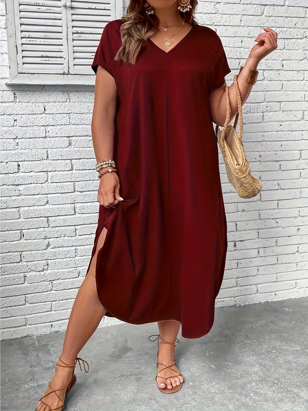 V Neck Plus Size Midi Dress with Short Sleeves for Casual Summer