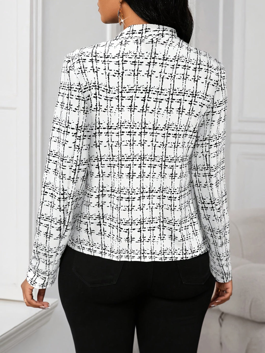 Plaid Blazer with a Structured Stand Collar for Women