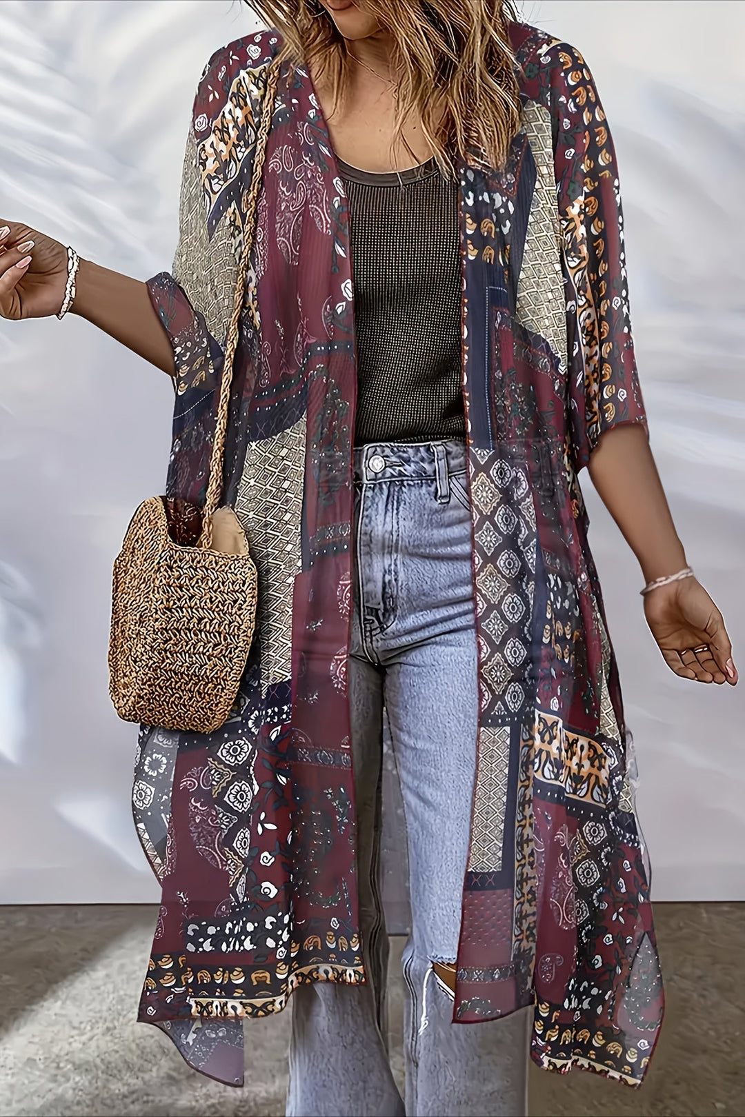 Plus Size Kimono Cardigan with Open Front and Side Slits for Women