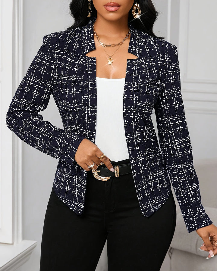 Plaid Blazer with a Structured Stand Collar for Women