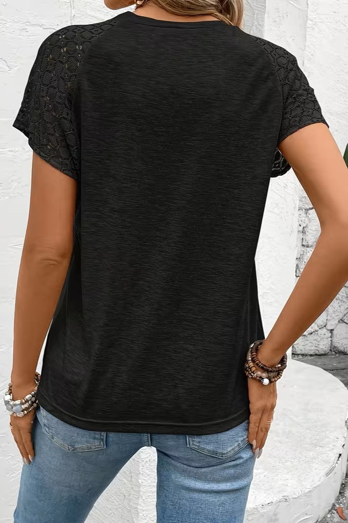 Color Block T Shirt with Lace Sleeve Detail for Women