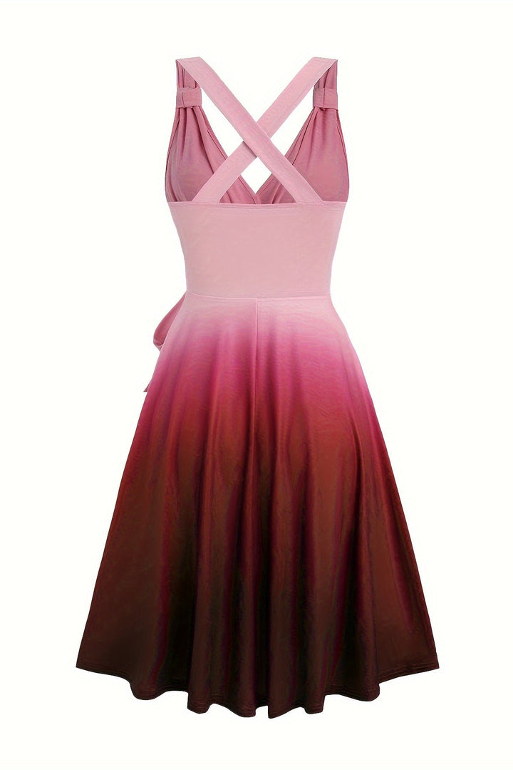 Gradient Print A Line Dress with V Neck and Ruched Bust