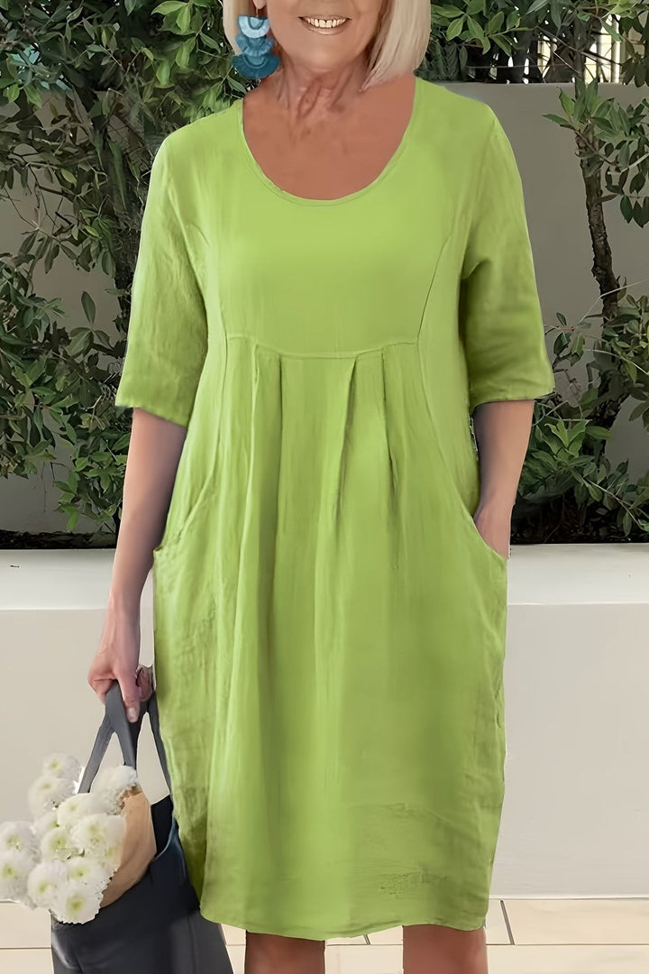 Round Neck Plus Size Midi Dress with Pockets and Half Sleeves for Summer