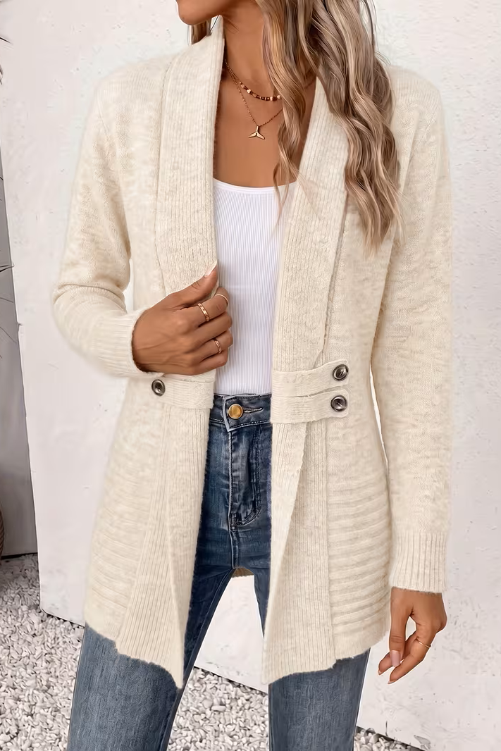 Double Breasted Cardigan Sweater with Belt and Shawl Collar for Women