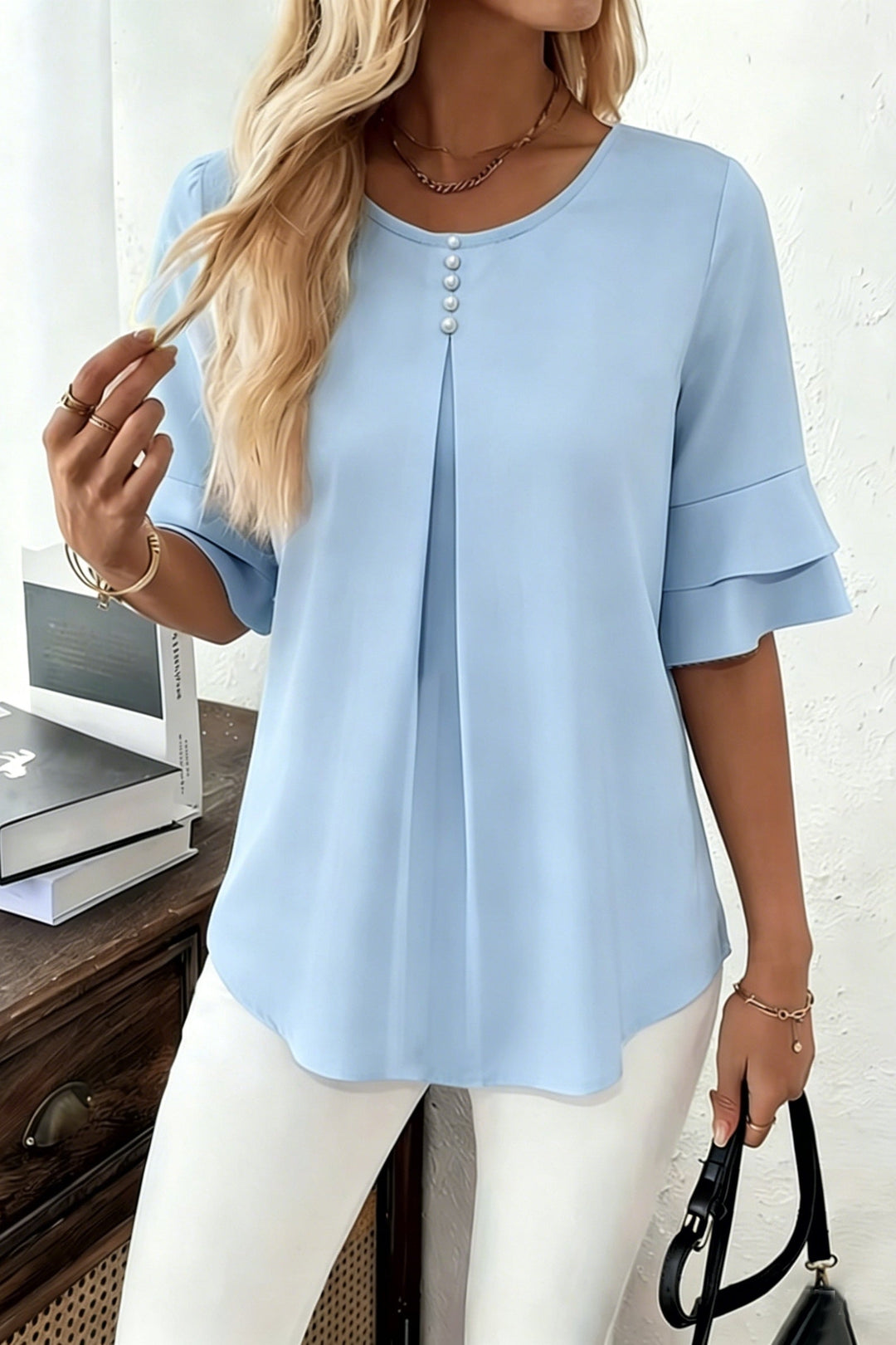 Ruffle Trim Button Up Top with Flared Sleeves and Round Neck for Women