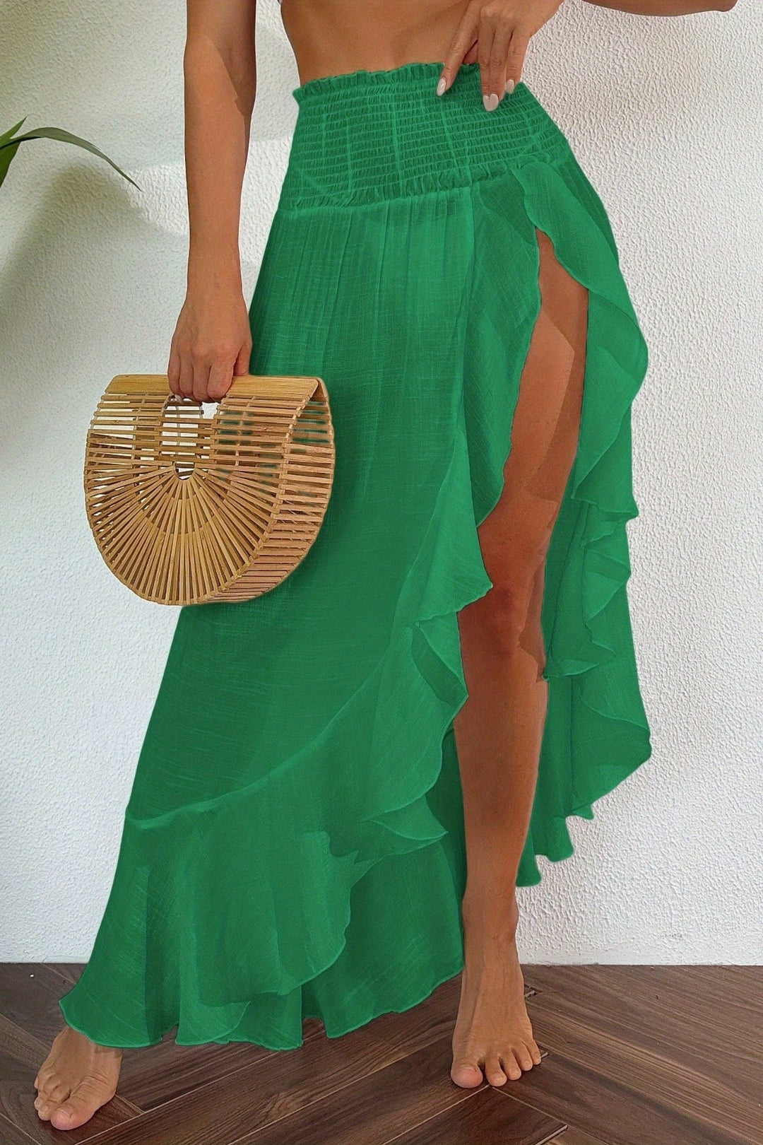 High Slit Maxi Skirt with Ruffle Trim and Elastic Waist for Beach Vacation