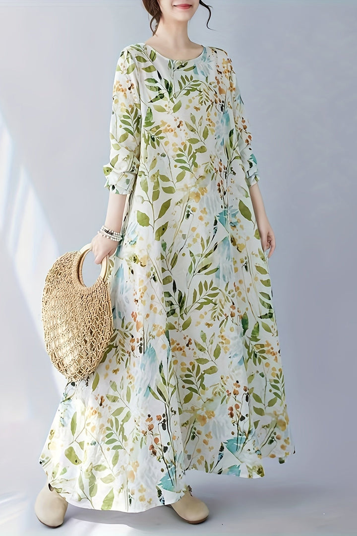 Floral Print Midi Dress with Long Sleeves and Round Neck