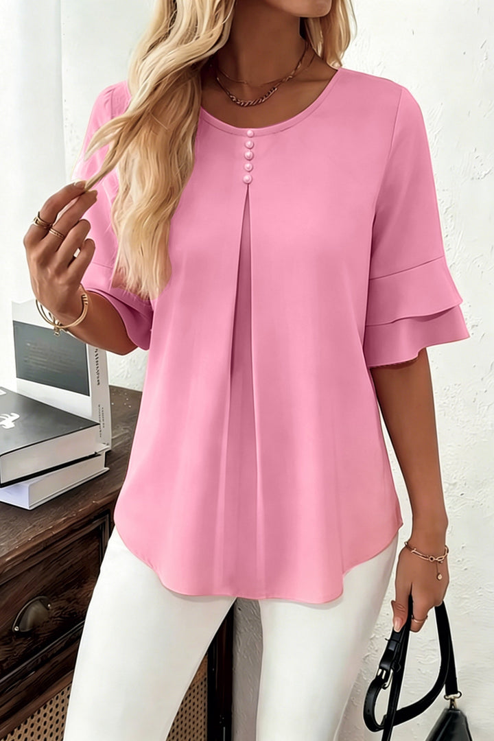 Ruffle Trim Button Up Top with Flared Sleeves and Round Neck for Women