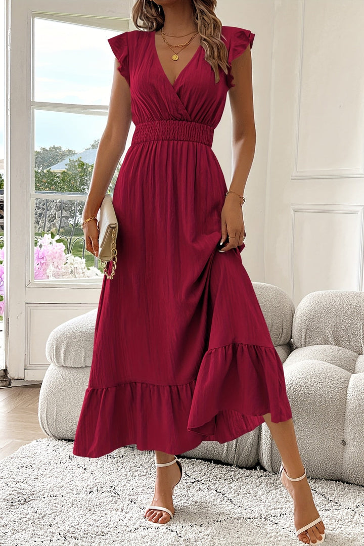 Ruffle Sleeve Maxi Dress with Deep V Neck and Shirred Detail