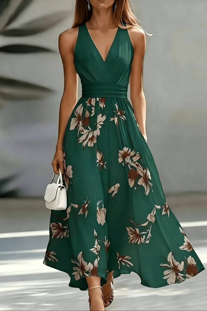 Shirred Midi Dress with V Neck and Cinched Waist