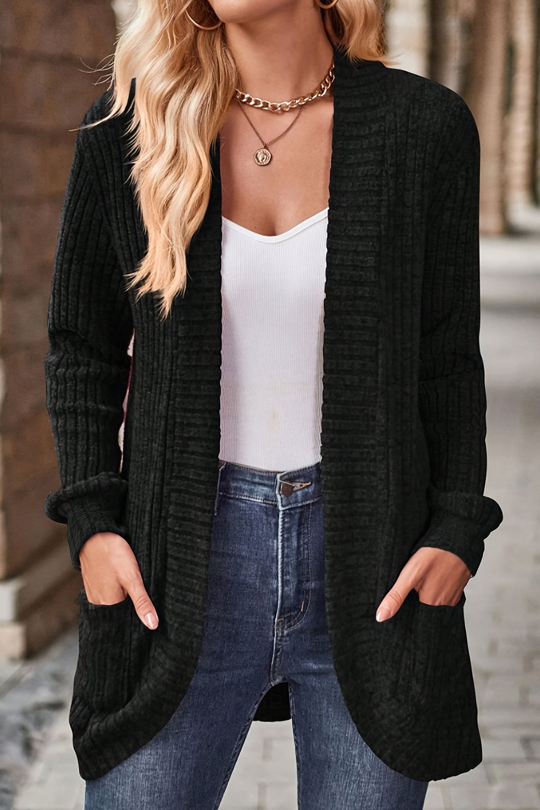 Open Front Cardigan Sweater with Long Sleeves for Women