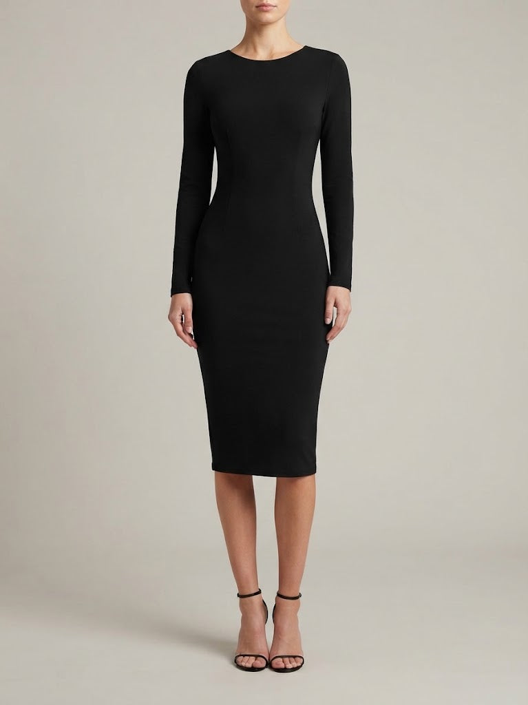 Zip Back Bodycon Midi Dress with Long Sleeves and Round Neck