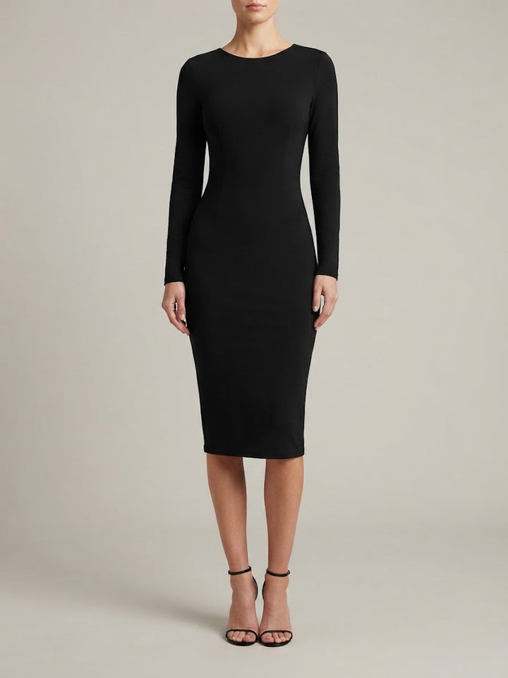 Zip Back Bodycon Midi Dress with Long Sleeves and Round Neck