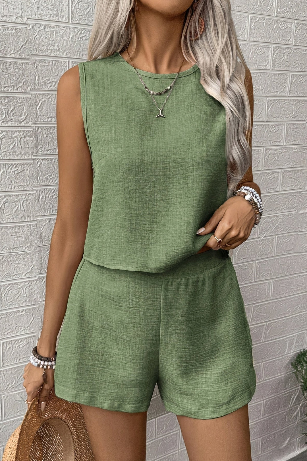 Tank Top and Shorts Two Piece Set with Button Detail for Women
