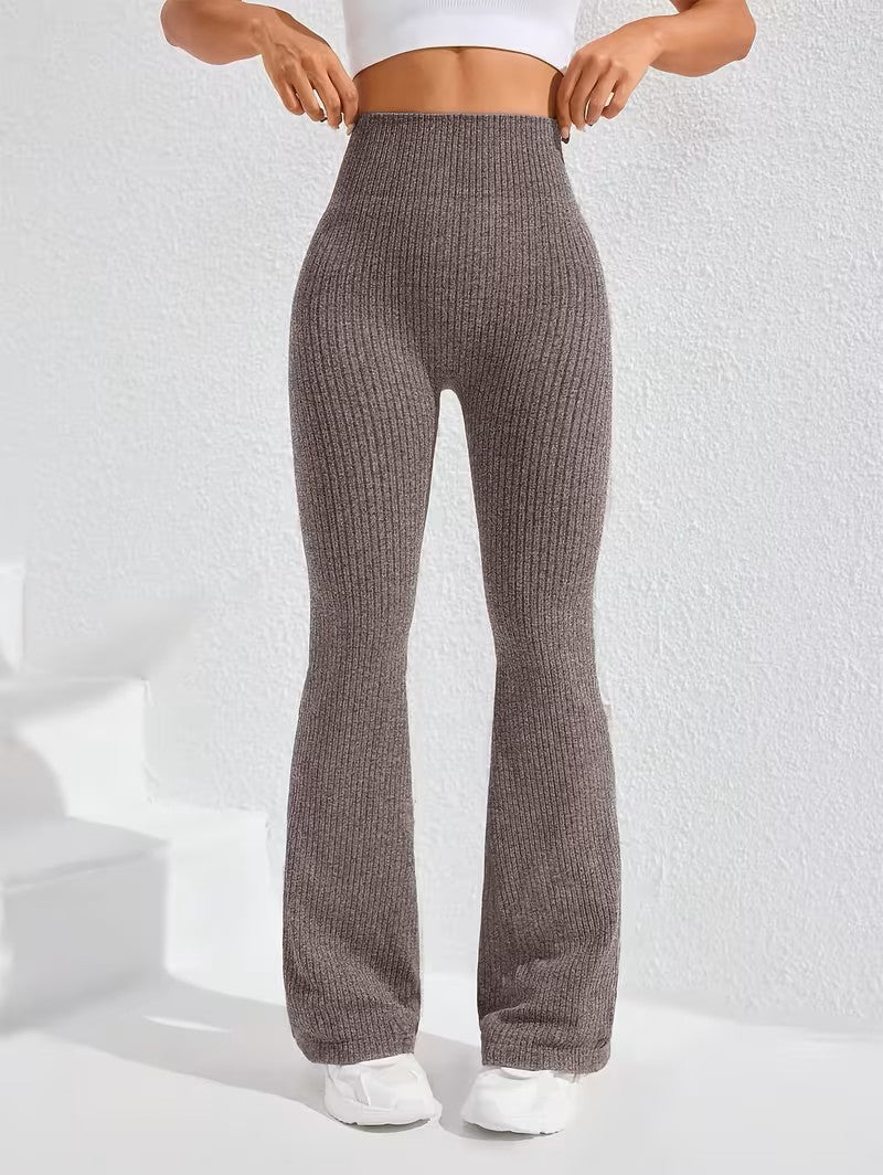 High Waist Flare Pants with Tummy Control and Ribbed Texture for Women