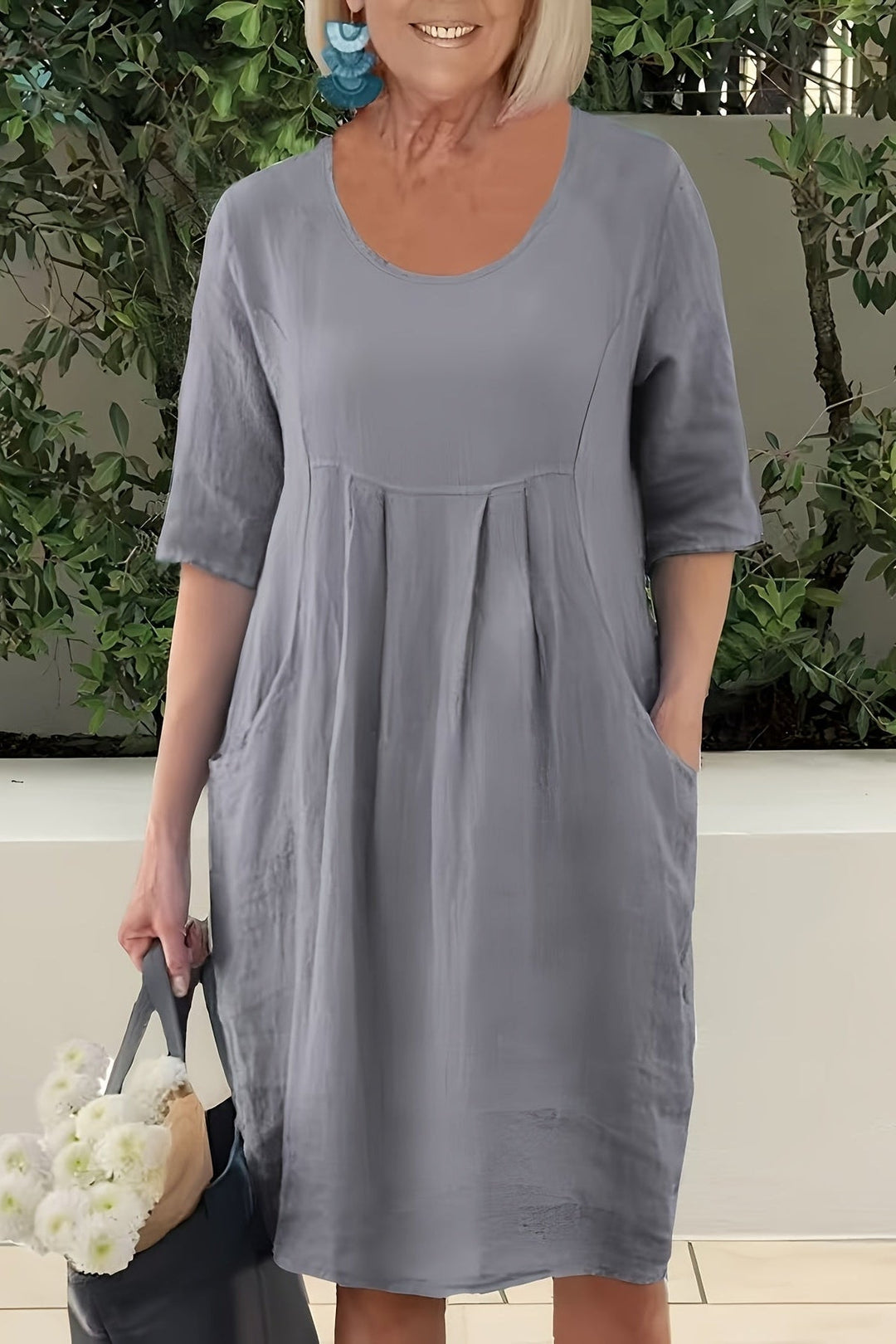 Round Neck Plus Size Midi Dress with Pockets and Half Sleeves for Summer
