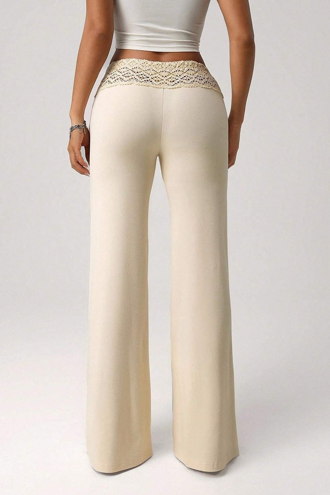 Lace Patchwork Straight Leg Pants with Beaded Drawstring Waist for Women