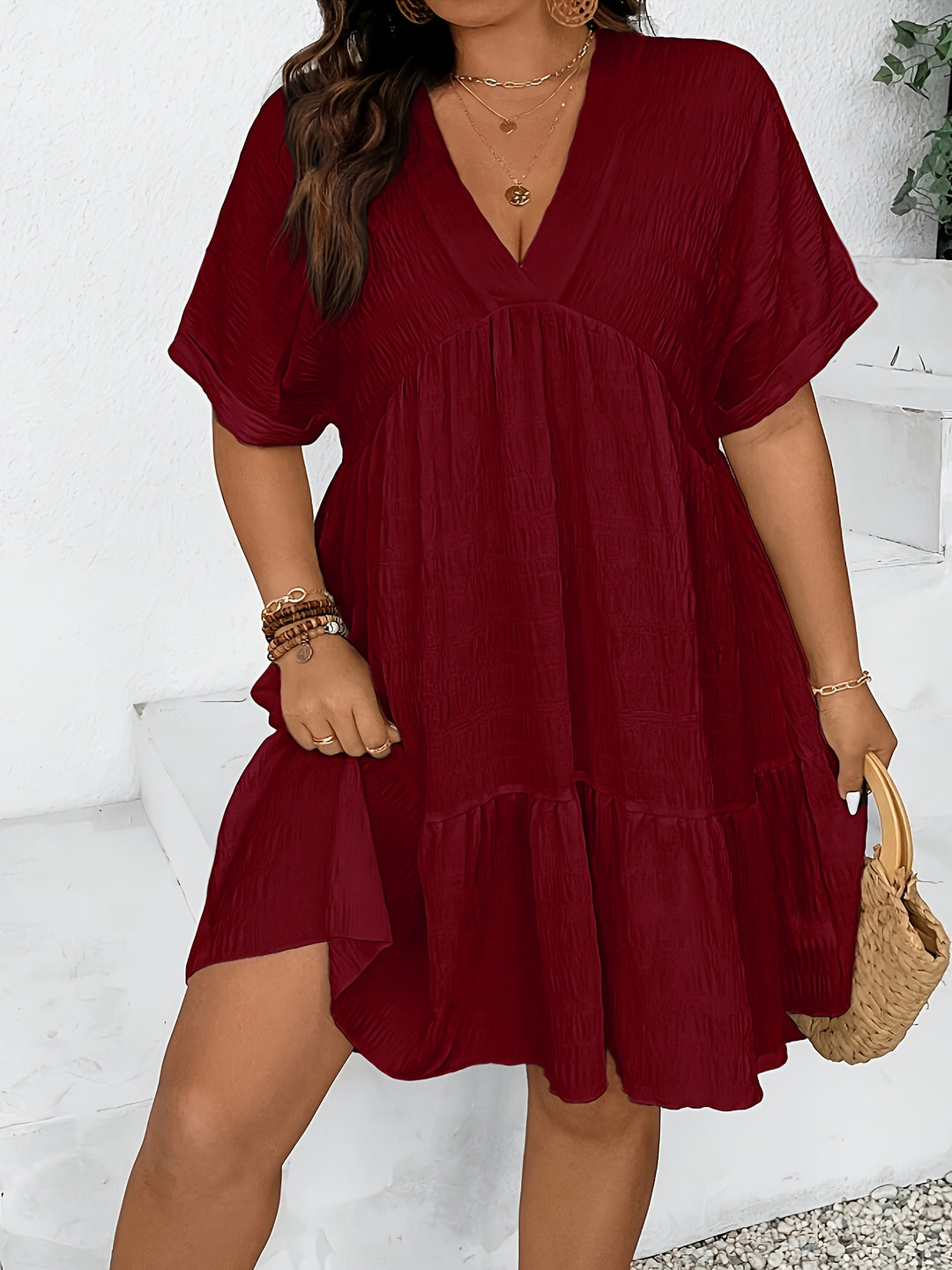 Batwing Sleeve Plus Size Babydoll Midi Dress with V Neck for Summer